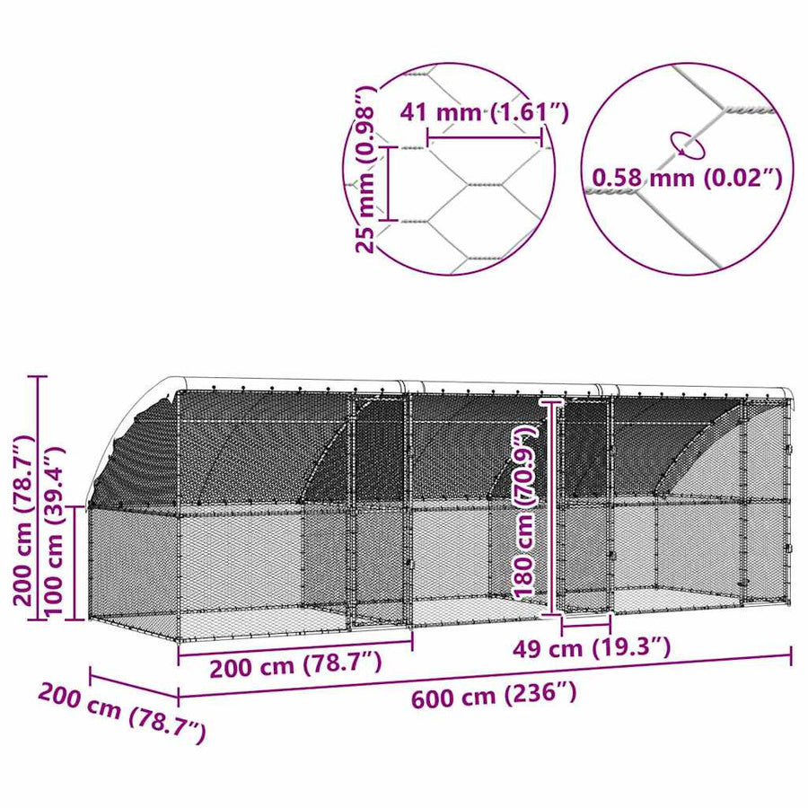 Kippenhok 3 pcs Zilver 600 x 200 x 198,5 cm