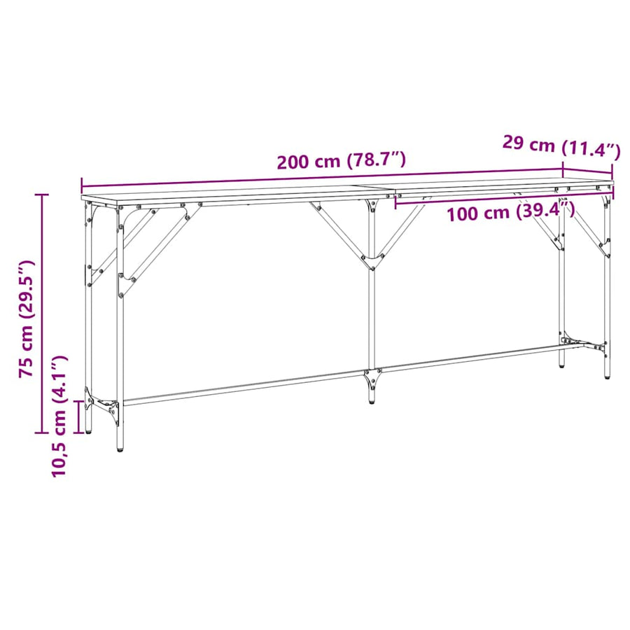 Wandtafel Zwart eiken 200 x 29 x 75 cm Gelaagd hout en metaal