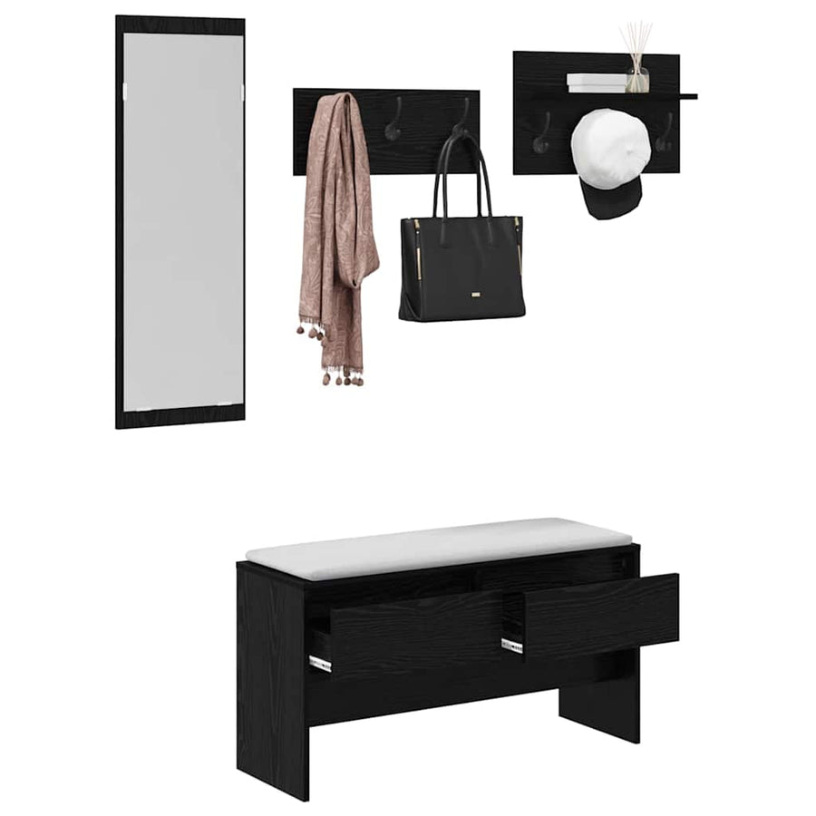 Halmeubelset met lade met plank 4 pcs Zwart Eiken Bewerkt hout