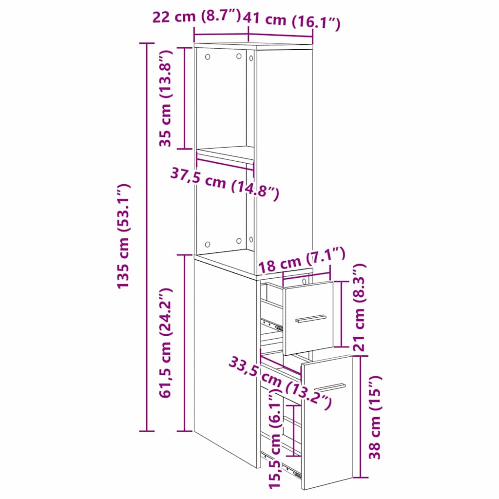 Nauwe badkamer kast Zwart eiken 22 x 41 x 135 cm Spaanplaat