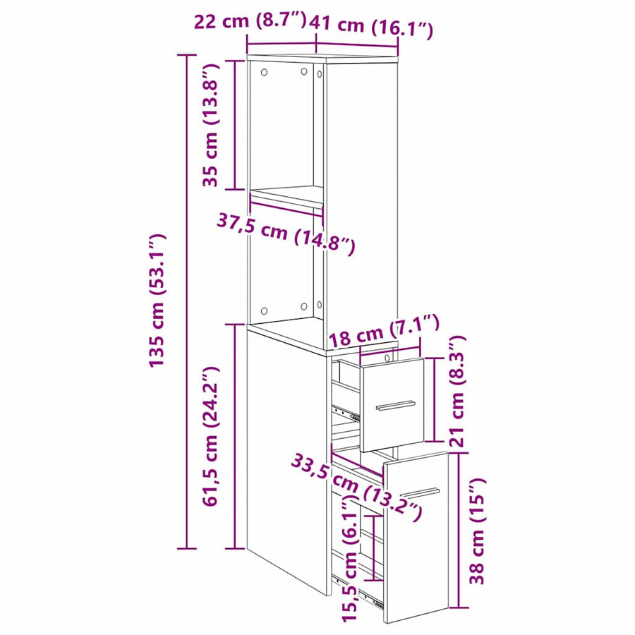 Nauwe badkamer kast Zwart eiken 22 x 41 x 135 cm Spaanplaat