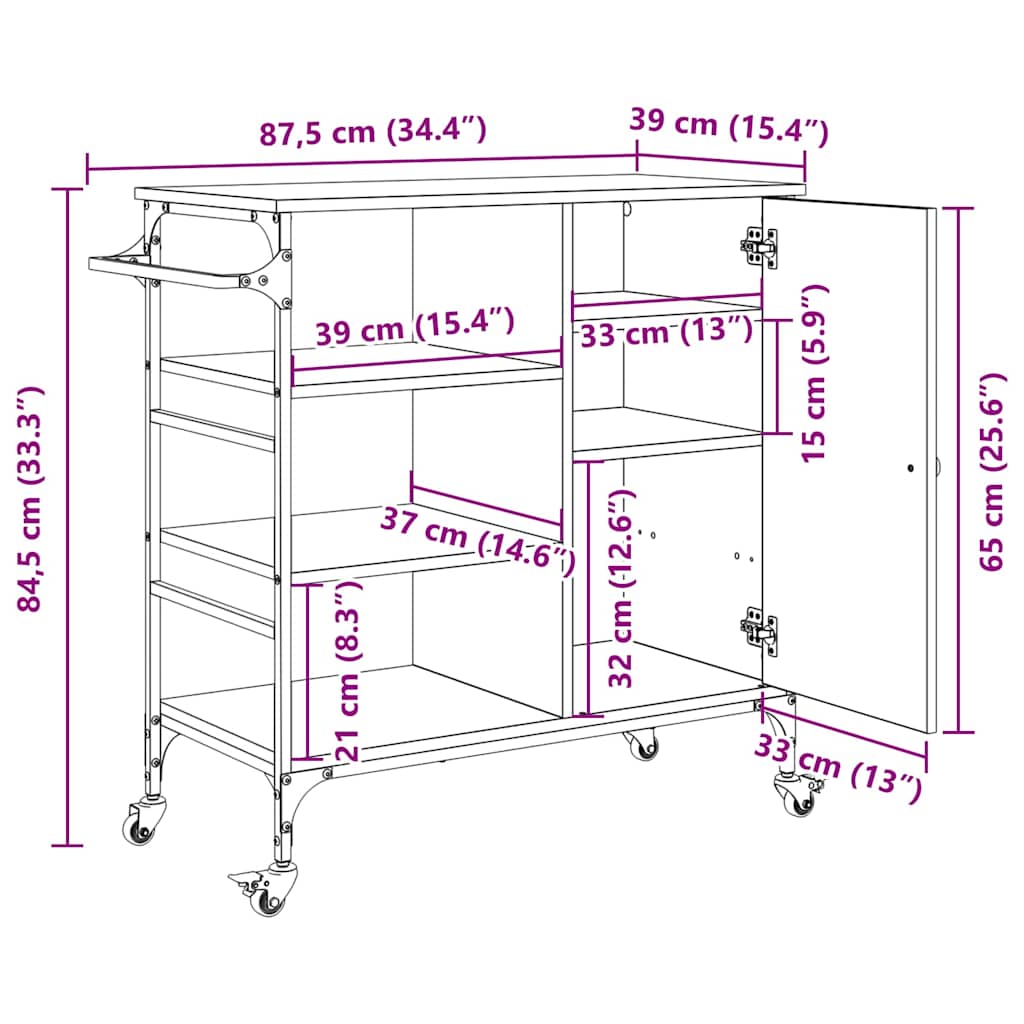 Keuken Trolley Zwart Eiken 87.5 x 39 x 84.5 cm Bewerkt hout