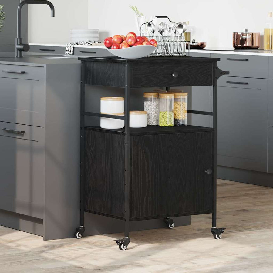 Keuken Trolley Zwart Eiken 56 x 43 x 89,5 cm Bewerkt hout