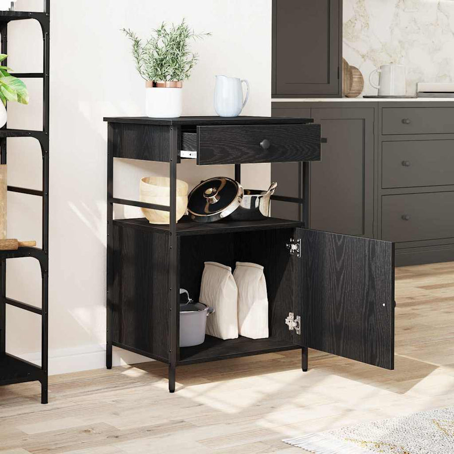 Keuken Trolley Zwart Eiken 56 x 43 x 89,5 cm Bewerkt hout