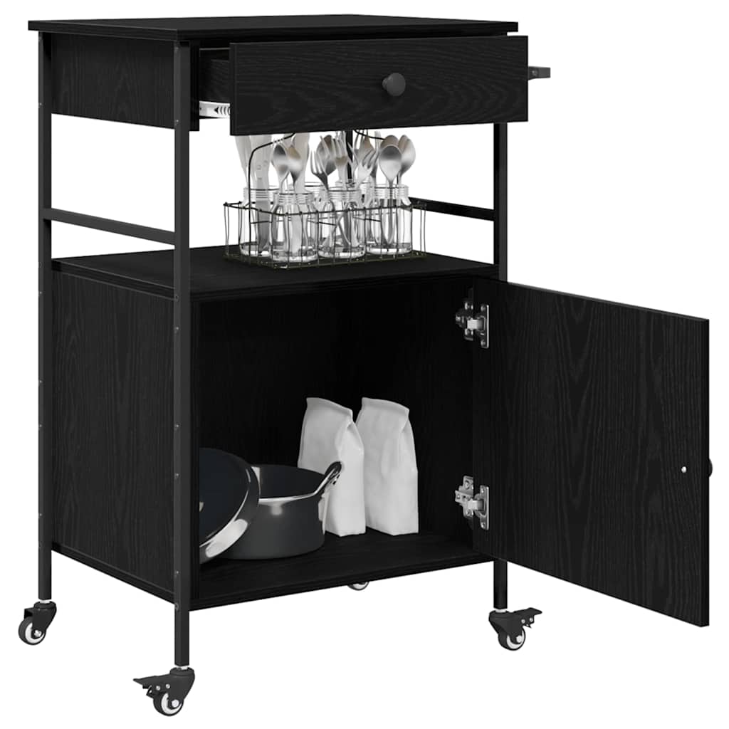 Keuken Trolley Zwart Eiken 56 x 43 x 89,5 cm Bewerkt hout