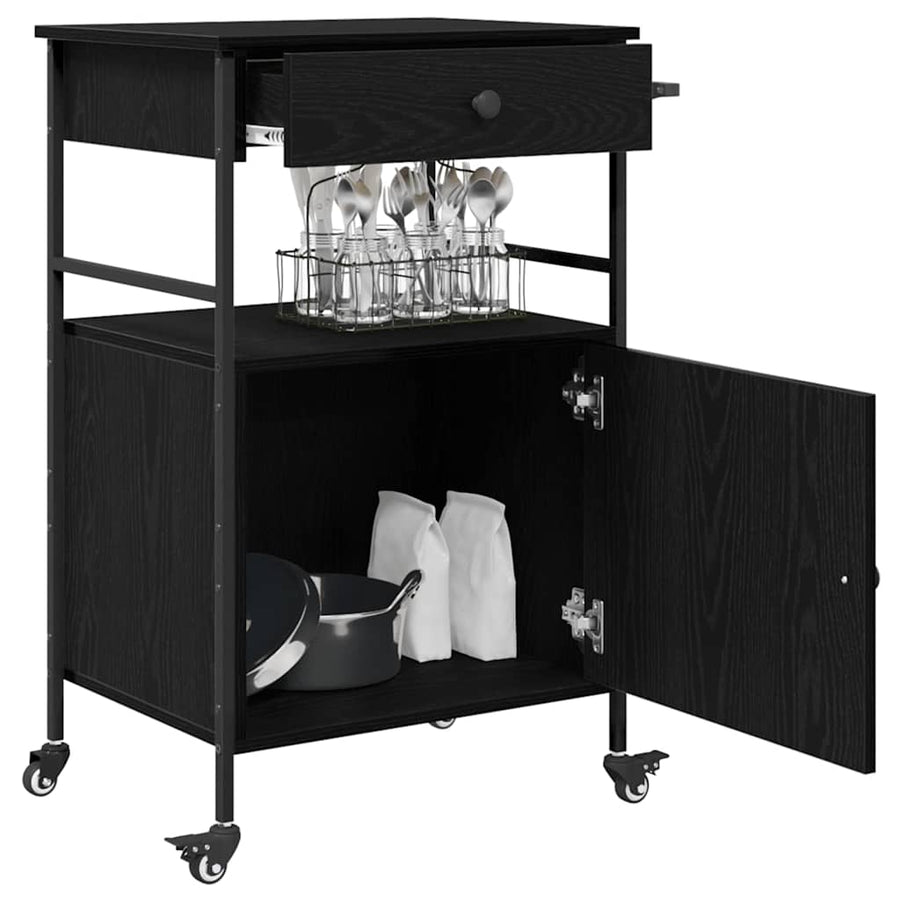 Keuken Trolley Zwart Eiken 56 x 43 x 89,5 cm Bewerkt hout