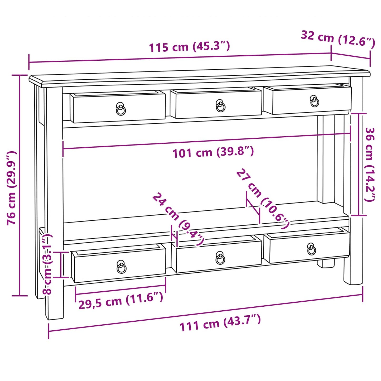 Wandtafel met lade Naturel 115 x 32 x 76 cm Massief Mahoniehout