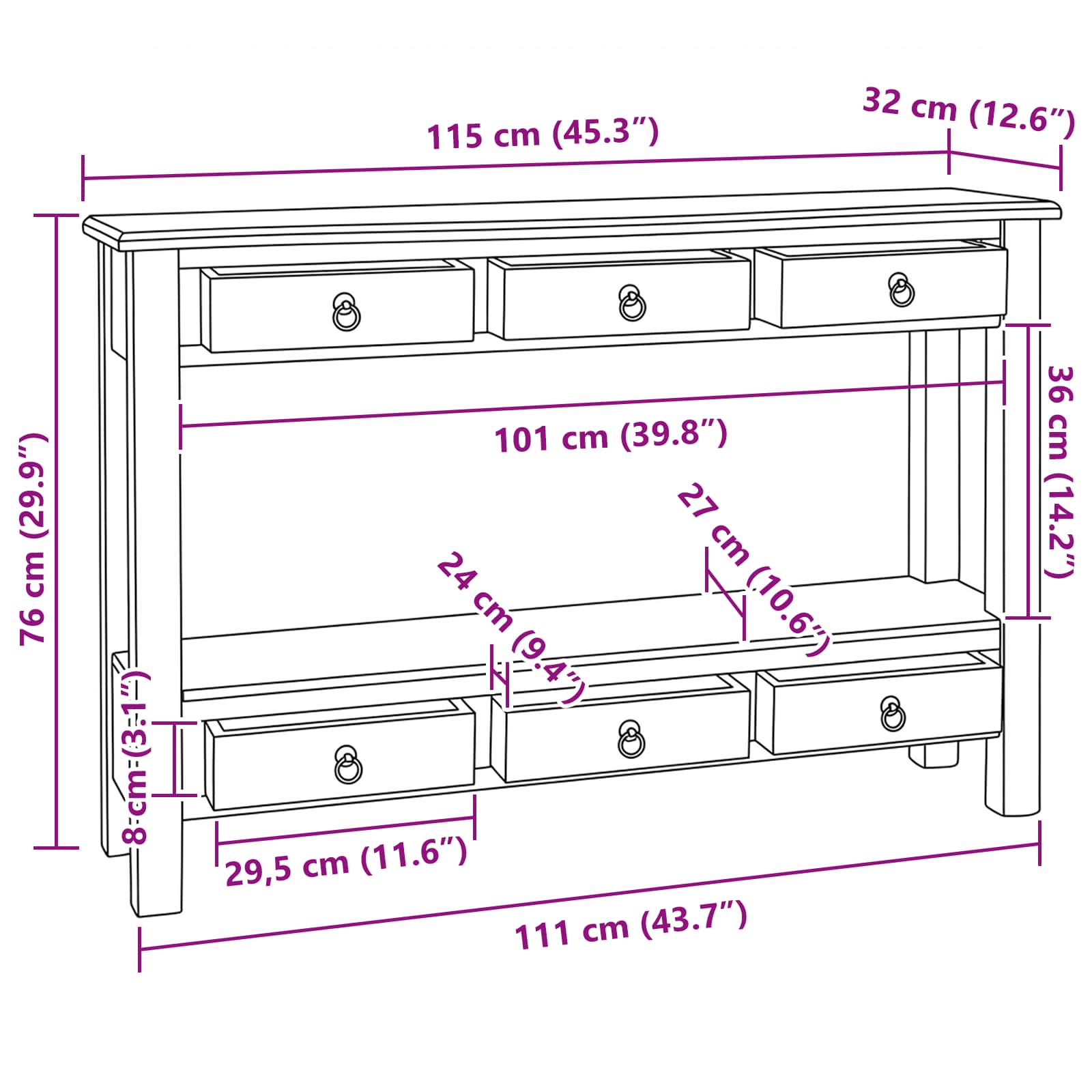 Wandtafel met lade Naturel 115 x 32 x 76 cm Massief Mahoniehout