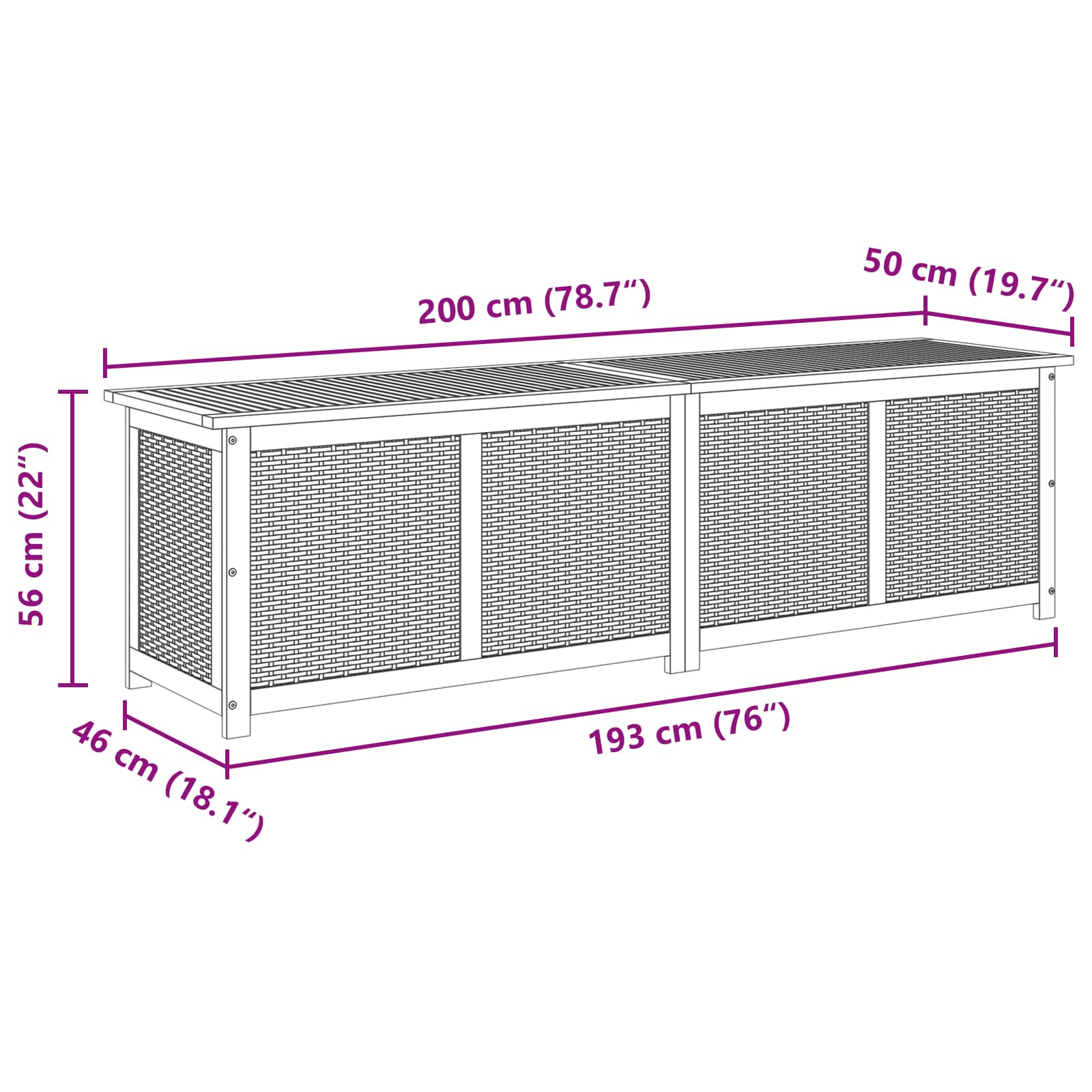 Tuinopslagdoos 185 L Massief Acaciahout 200 x 50 x 56 cm Zwart