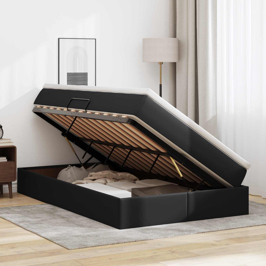 Opbergbed met matras met matras Zwart 120 x 190 cm Nep Leer