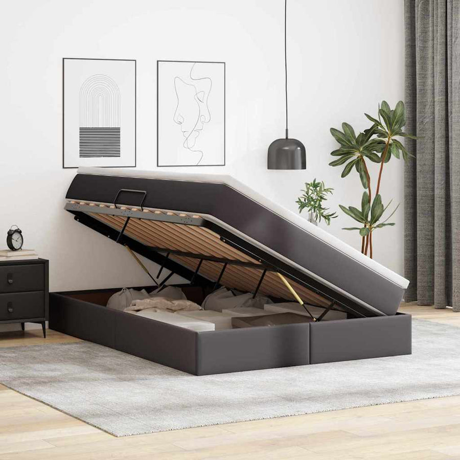 Opbergbed met matras met matras Grijs 140 x 200 cm Nep Leer