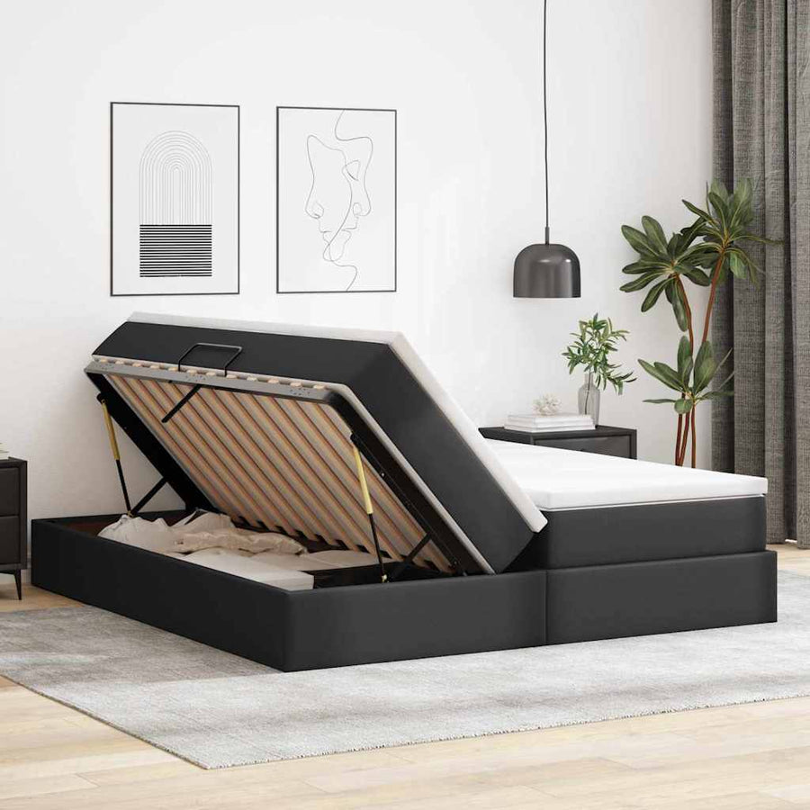 Opbergbed met matras met matras Zwart 200 x 200 cm Nep Leer