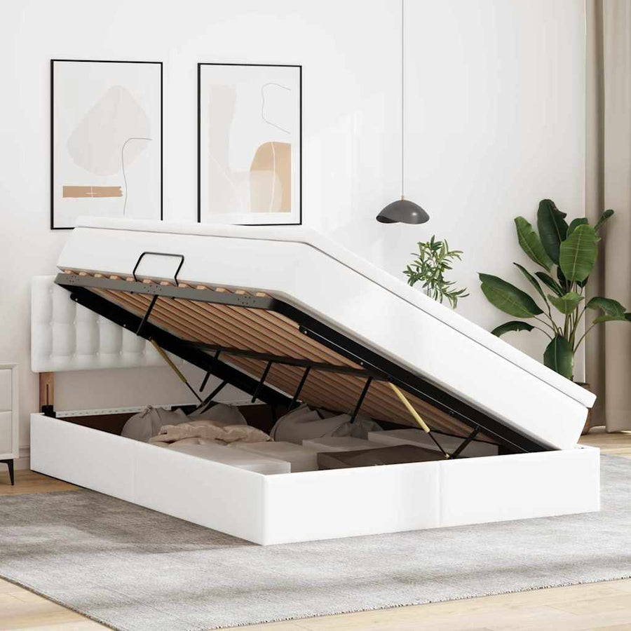 Opslag bed met matras met opslag Puur Wit 140 x 200 cm Nep Leer