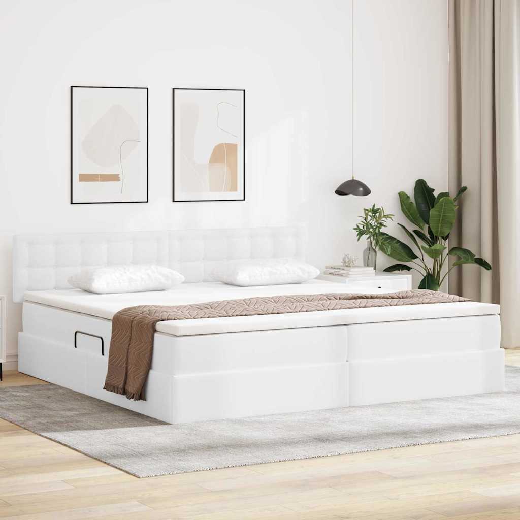 Opslag bed met matras met opslag Puur Wit 200 x 200 cm Nep Leer