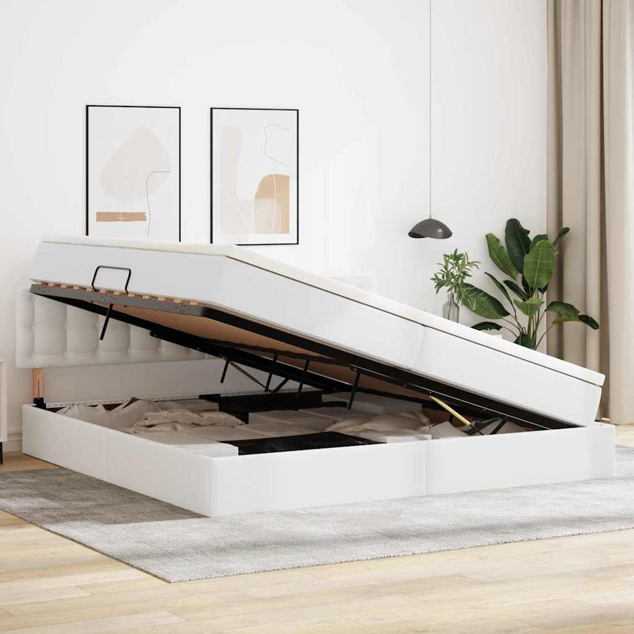 Opslag bed met matras met opslag Puur Wit 200 x 200 cm Nep Leer