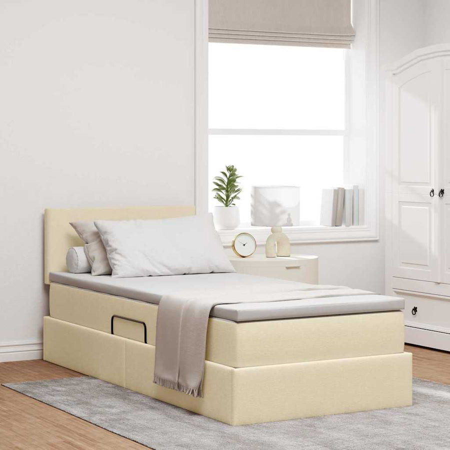 Opbergbed met matras met matras Crème 90 x 200 cm Bewerkt hout