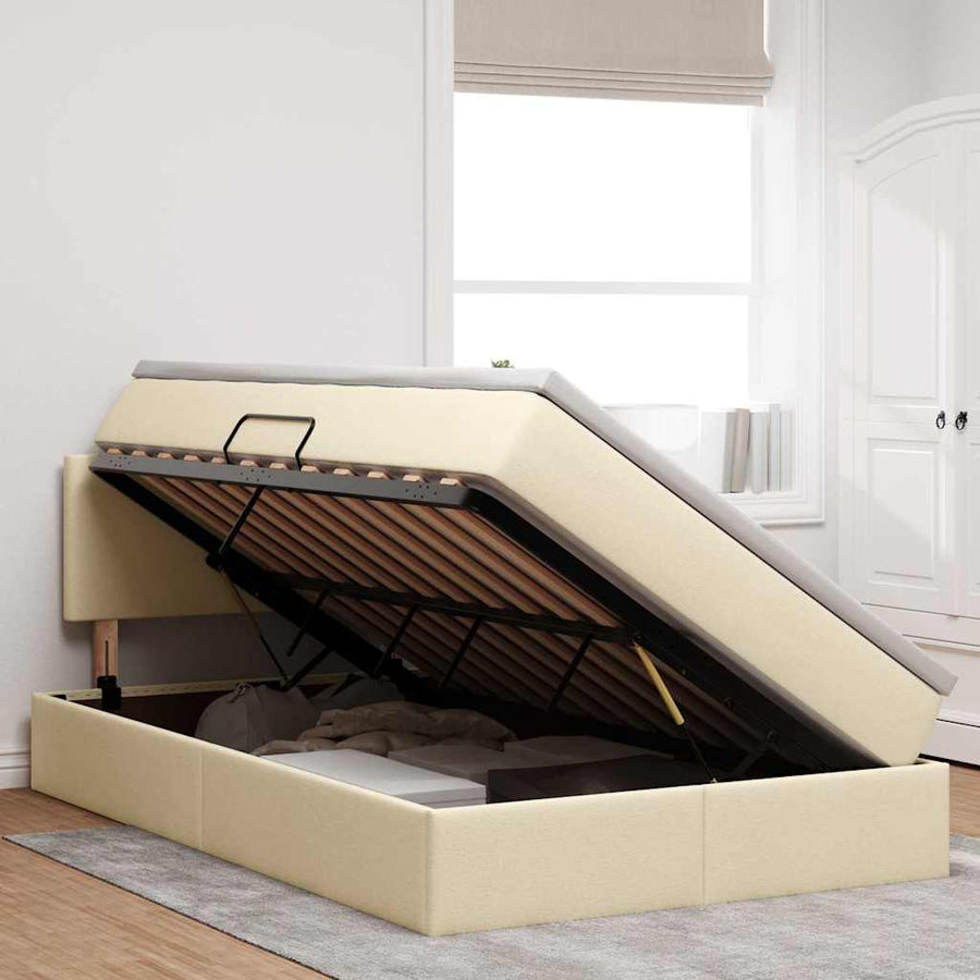Opbergbed met matras met matras Crème 120 x 190 cm Bewerkt hout