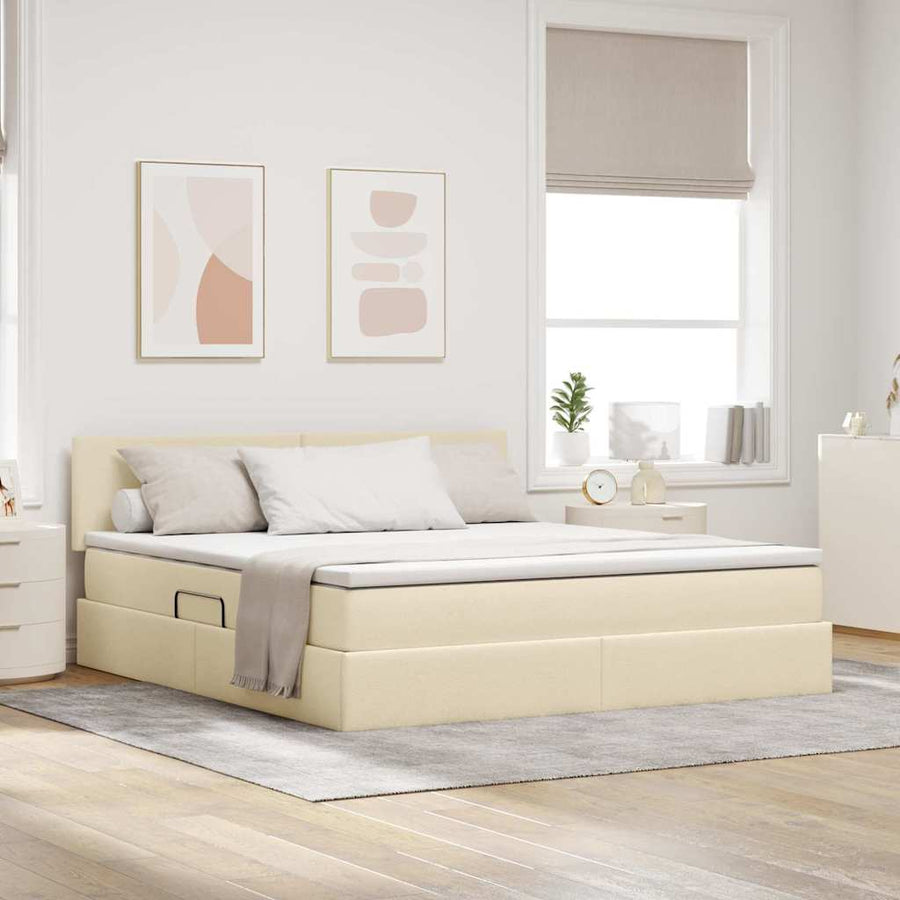 Opbergbed met matras met matras Crème 160 x 200 cm Bewerkt hout