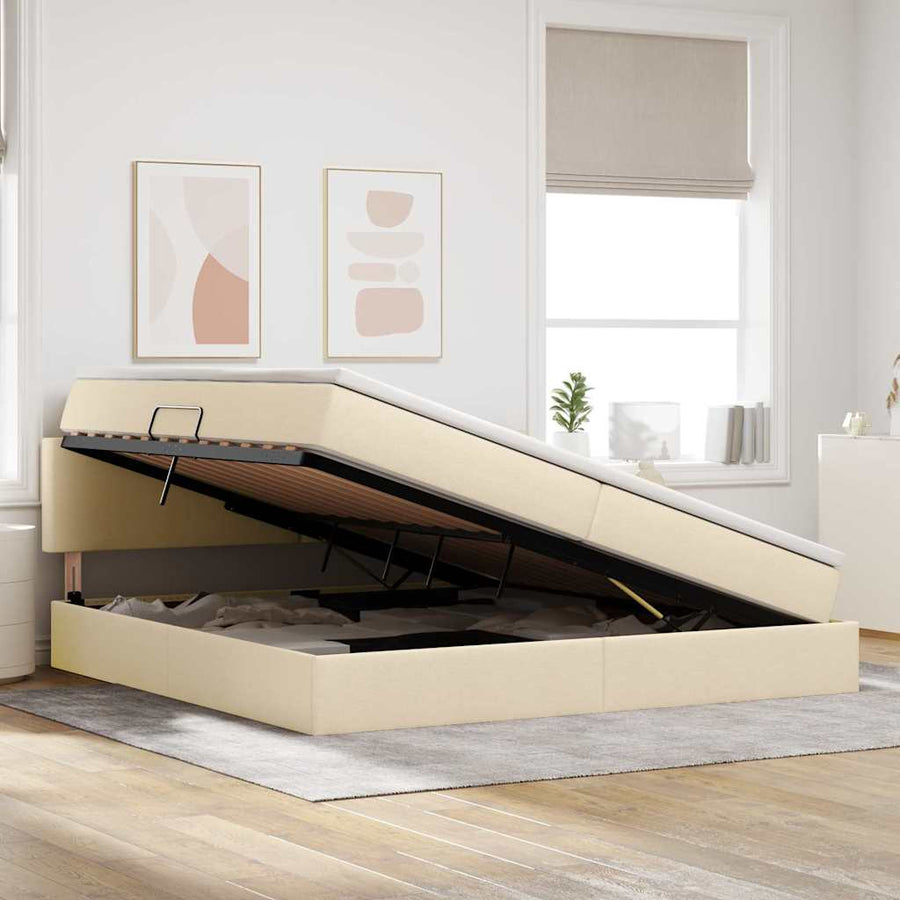 Opbergbed met matras met matras Crème 200 x 200 cm Bewerkt hout