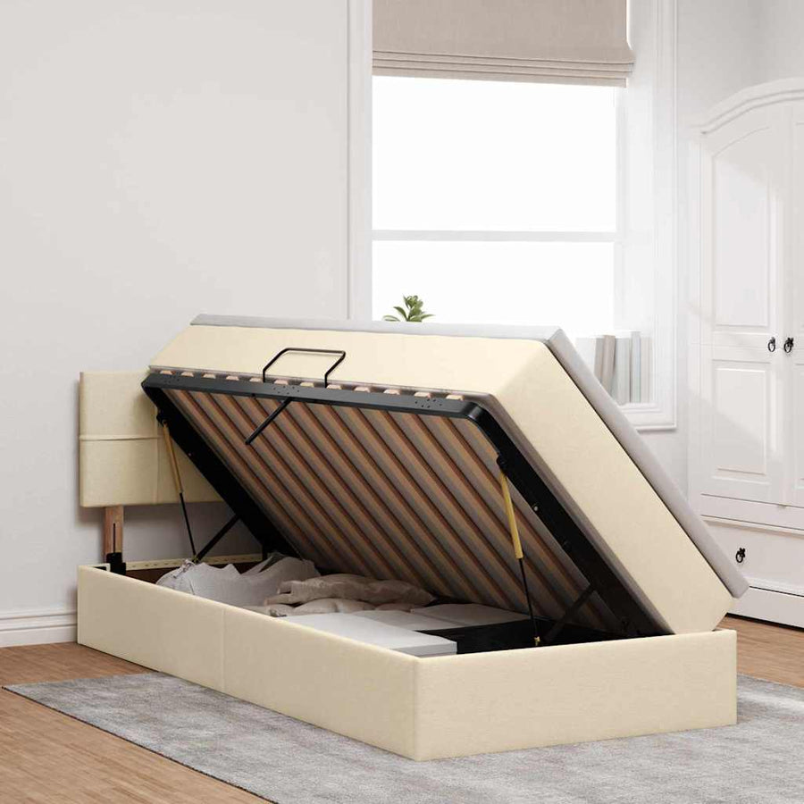 Opbergbed met matras met matras Crème 100 x 200 cm Bewerkt hout