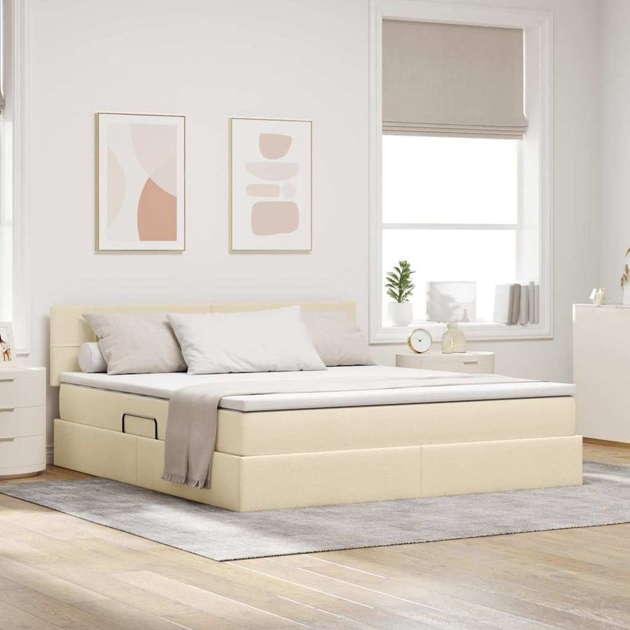 Opbergbed met matras met matras Crème 180 x 200 cm Bewerkt hout