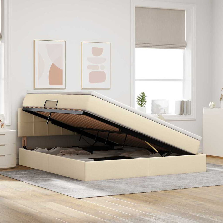 Opbergbed met matras met matras Crème 180 x 200 cm Bewerkt hout