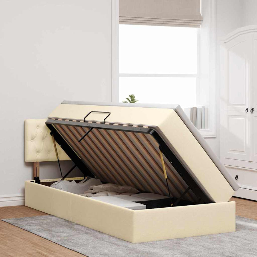 Opbergbed met matras met matras Crème 100 x 200 cm Bewerkt hout