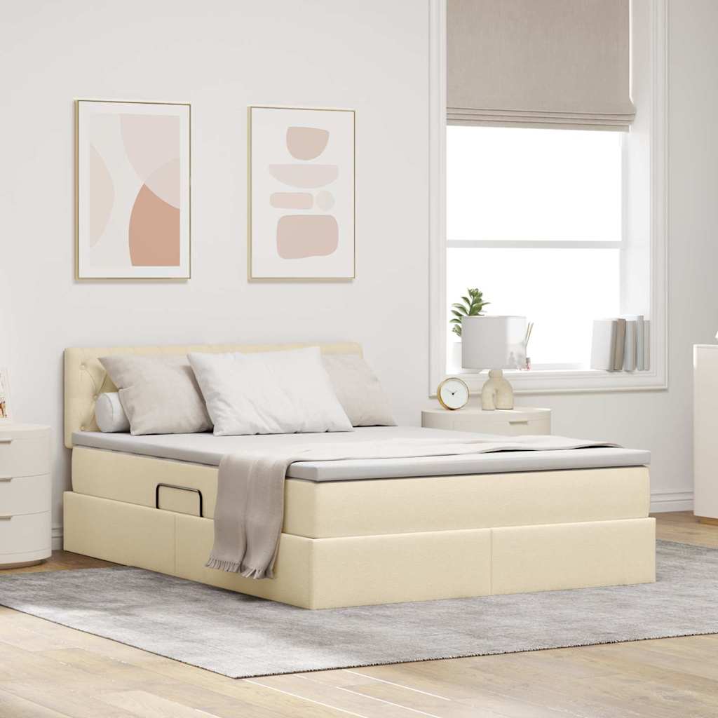 Opbergbed met matras met matras Crème 140 x 190 cm Bewerkt hout