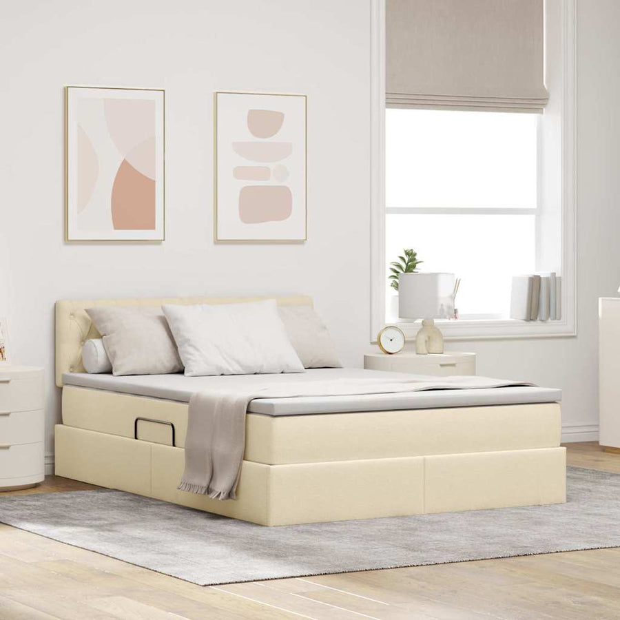 Opbergbed met matras met matras Crème 140 x 190 cm Bewerkt hout