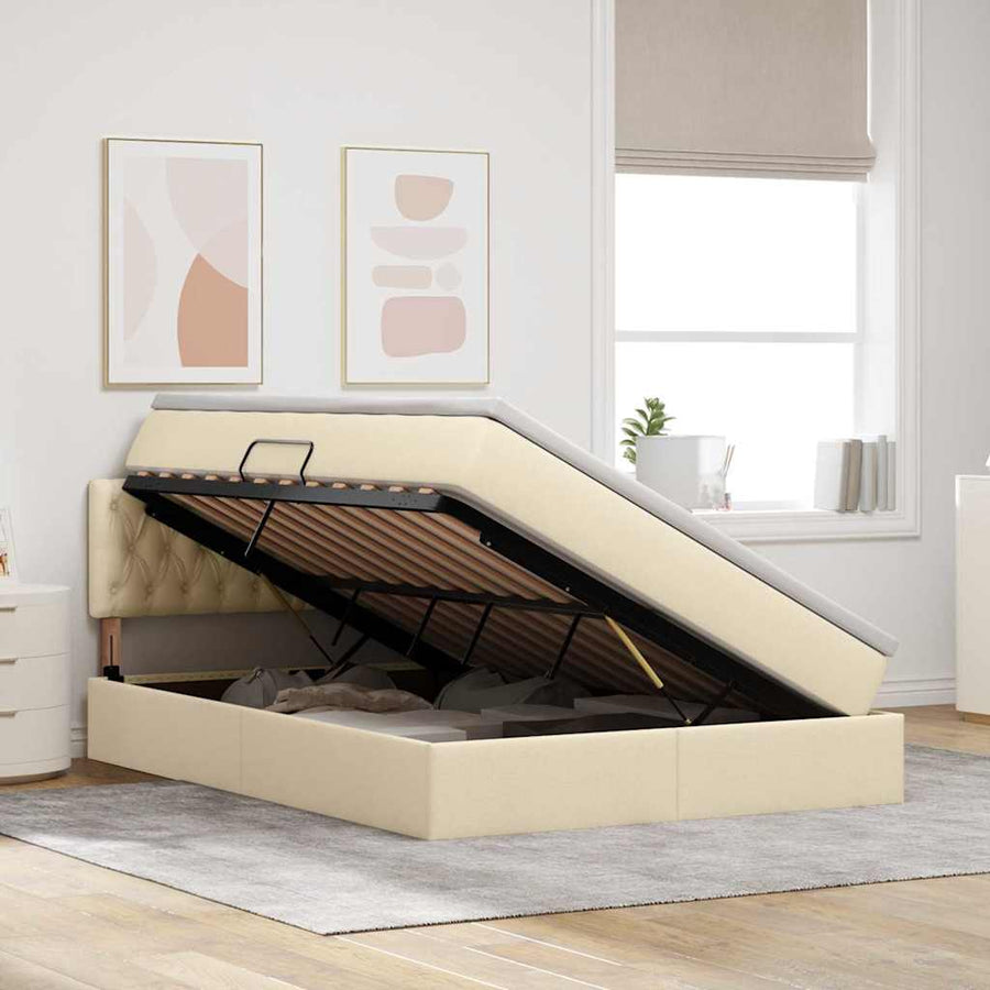 Opbergbed met matras met matras Crème 140 x 190 cm Bewerkt hout