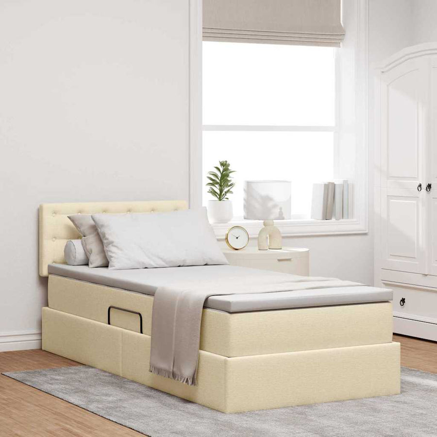 Opbergbed met matras met matras Crème 90 x 190 cm Bewerkt hout