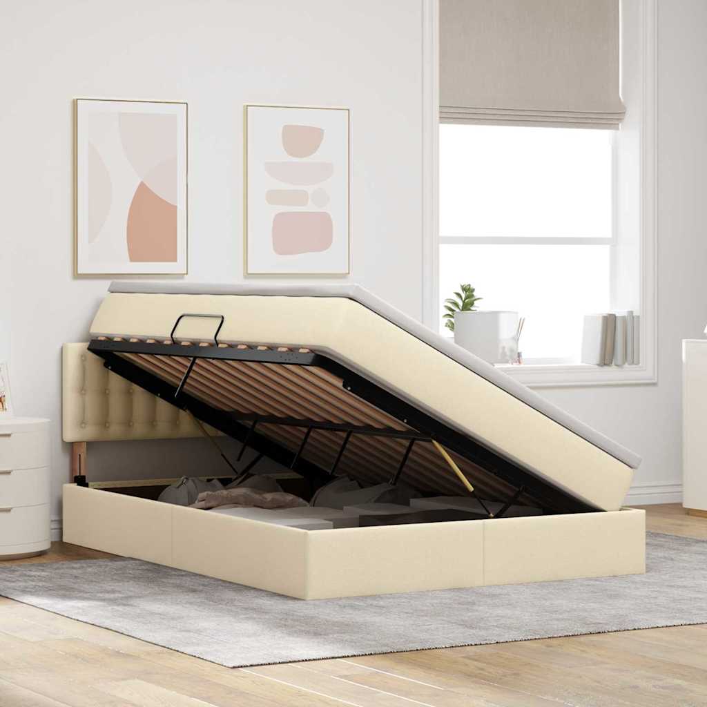 Opbergbed met matras met matras Crème 140 x 190 cm Bewerkt hout