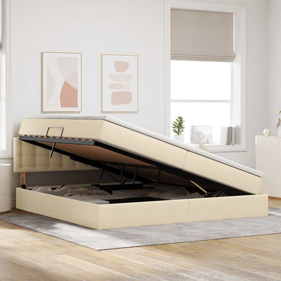 Opbergbed met matras met matras Crème 200 x 200 cm Bewerkt hout