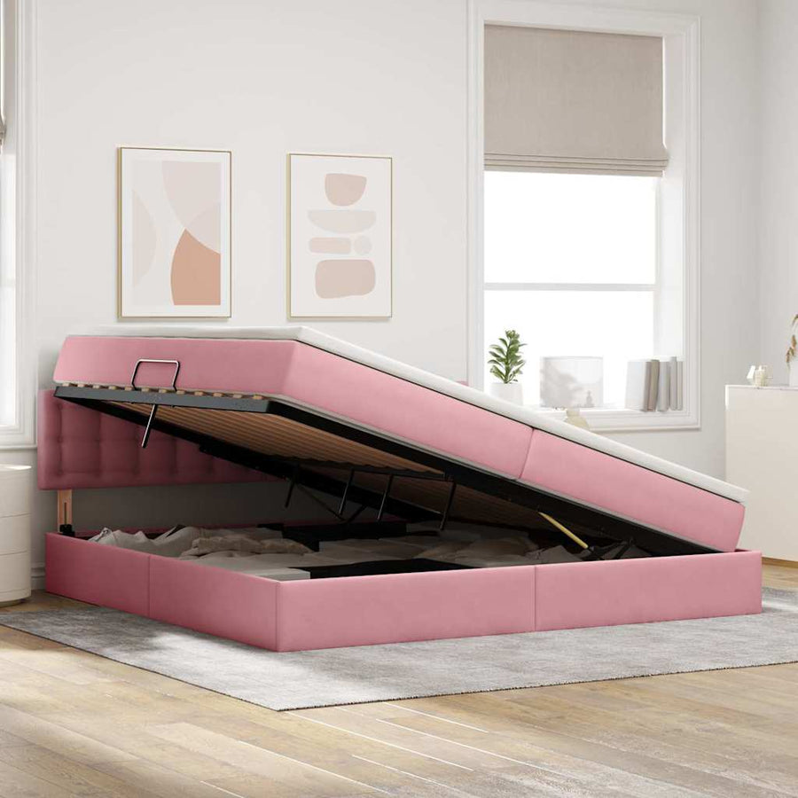 Opslag bed met matras met hoofdeinde Roze 200 x 200 cm Fluweel