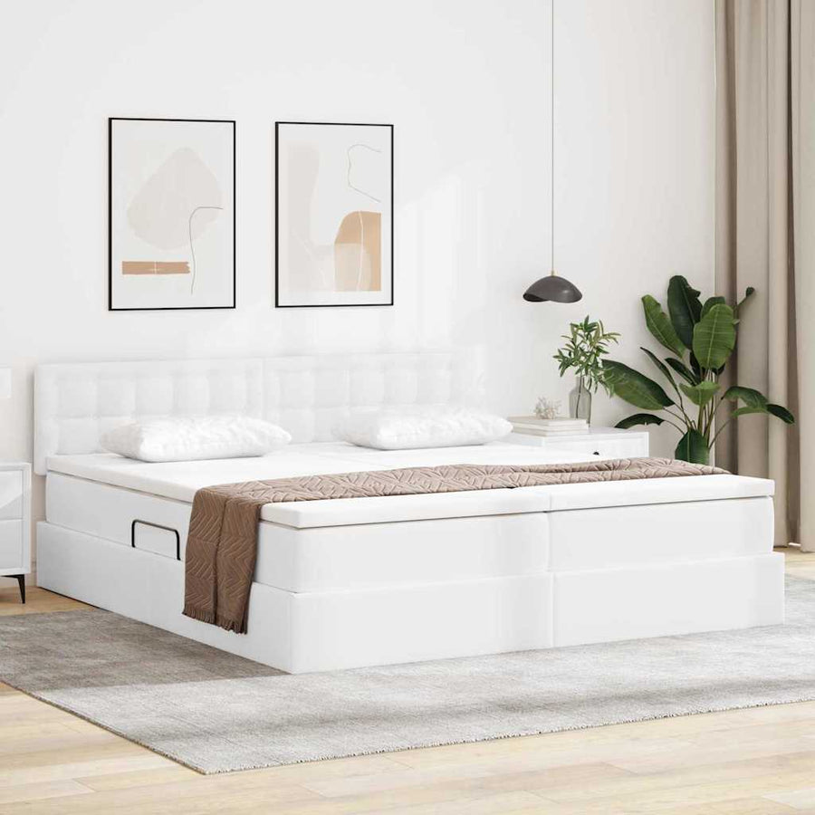 Opslag bed met matras met opslag Puur Wit 200 x 200 cm Nep Leer
