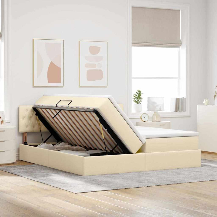 Opslag bed met matras met opslag Crème 200 x 200 cm Nep Leer