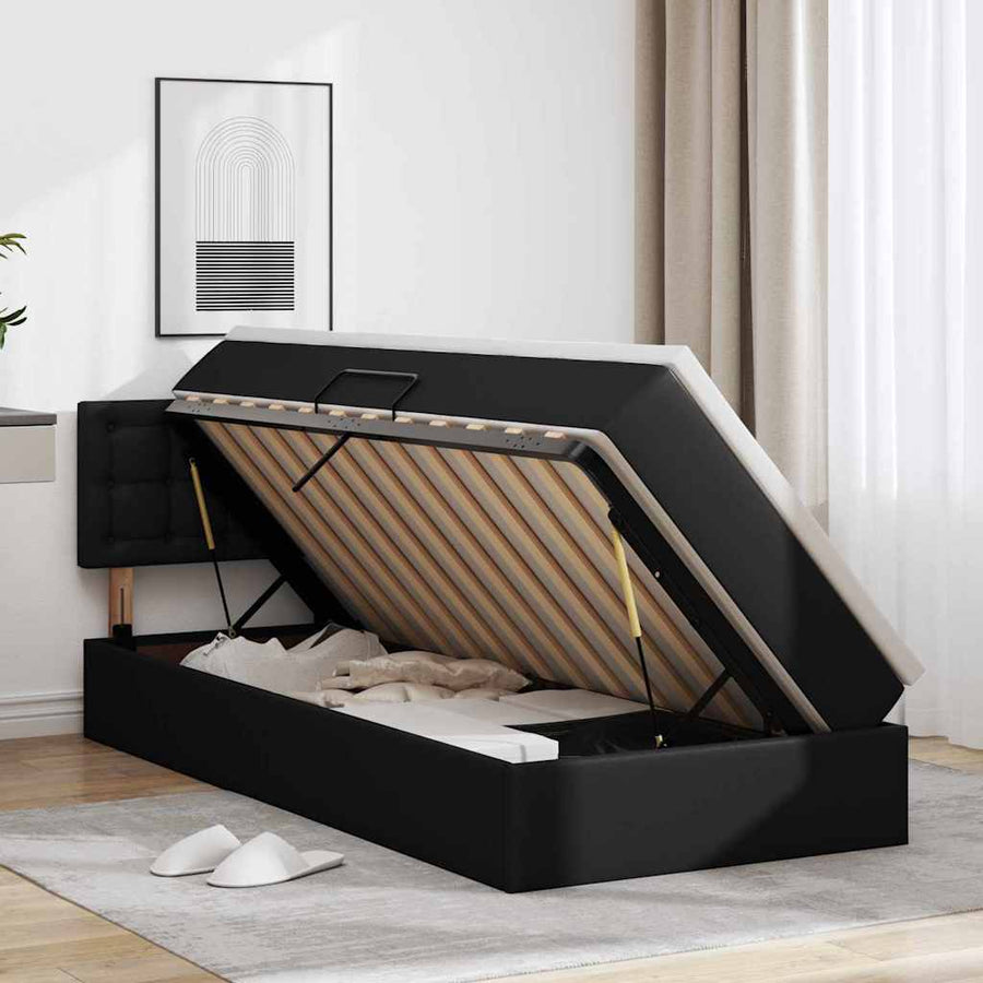 Opbergbed met LED met matras met LED Zwart 90 x 190 cm Nep Leer
