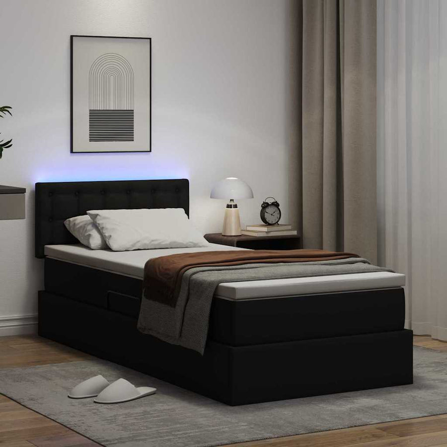 Opbergbed met LED met matras Zwart 100 x 200 cm Nep Leer