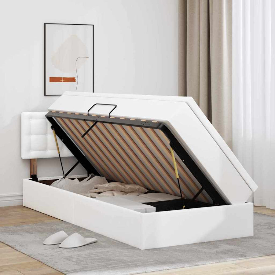 Opbergbed met LED met matras Puur Wit 100 x 200 cm Nep Leer