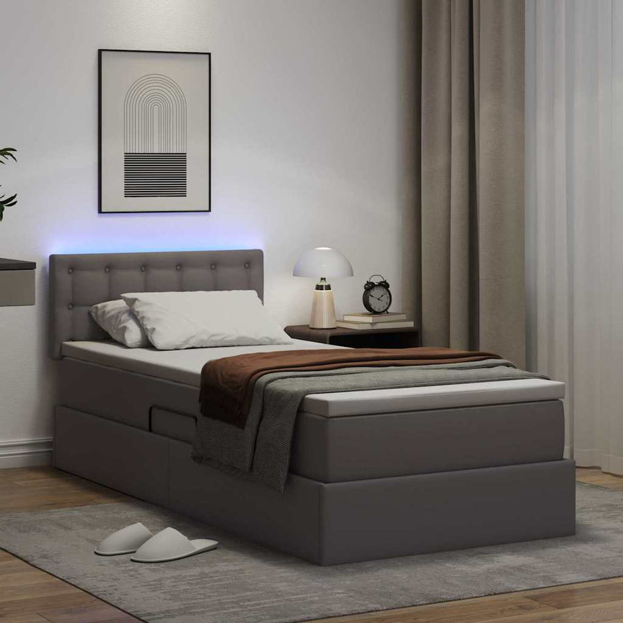 Opbergbed met LED met matras Grijs 100 x 200 cm Nep Leer