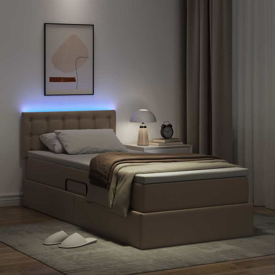 Opbergbed met LED met matras Cappuccino 100 x 200 cm Nep Leer