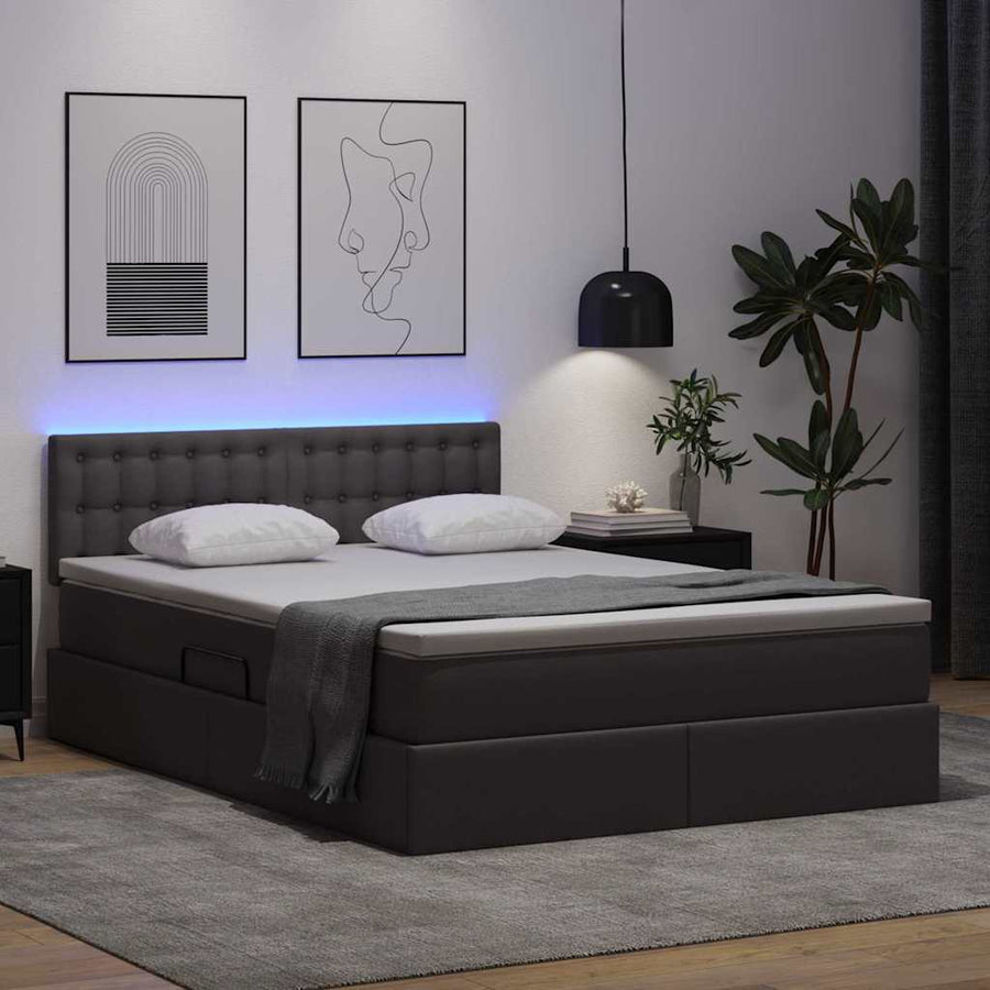 Bed met LED -striplichten met hoofdeinde Grijs 140 x 200 cm PVC