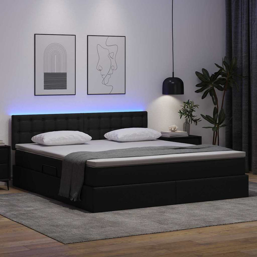 Bed met LED -striplichten met hoofdeinde Zwart 180 x 200 cm PVC