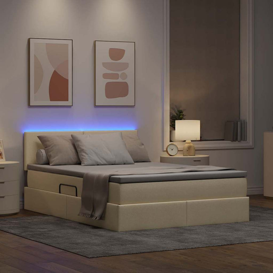 Bed met LED -striplichten met opslag Crème 140 x 190 cm Stof