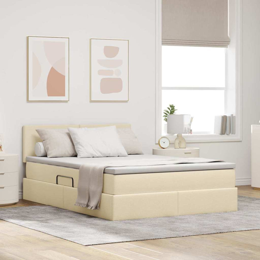 Bed met LED -striplichten met opslag Crème 140 x 190 cm Stof
