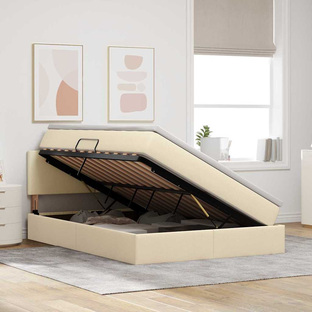 Bed met LED -striplichten met opslag Crème 140 x 190 cm Stof