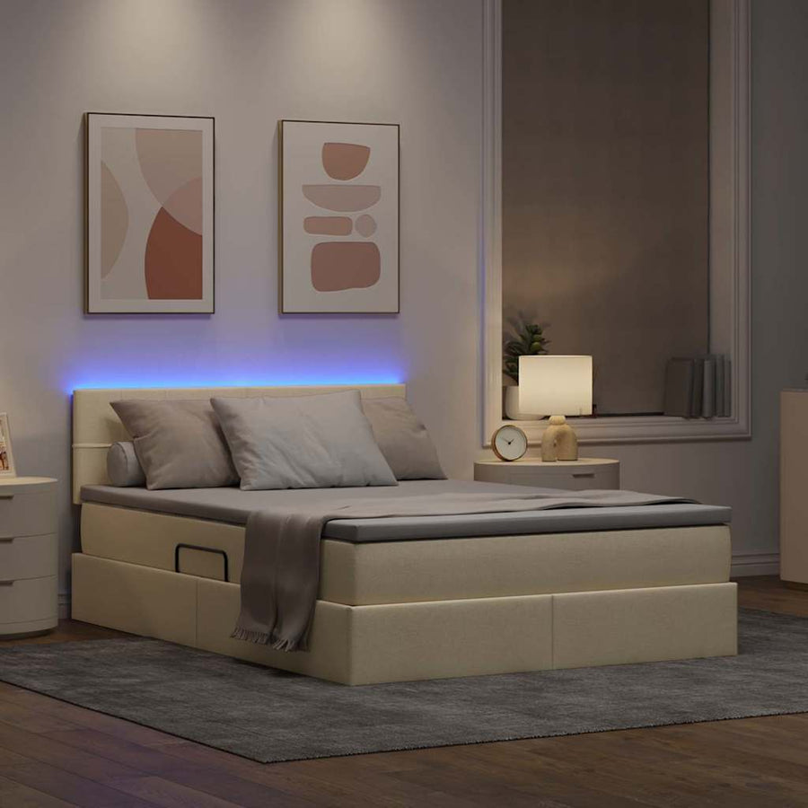 Bed met LED -striplichten met opslag Crème 140 x 190 cm Stof
