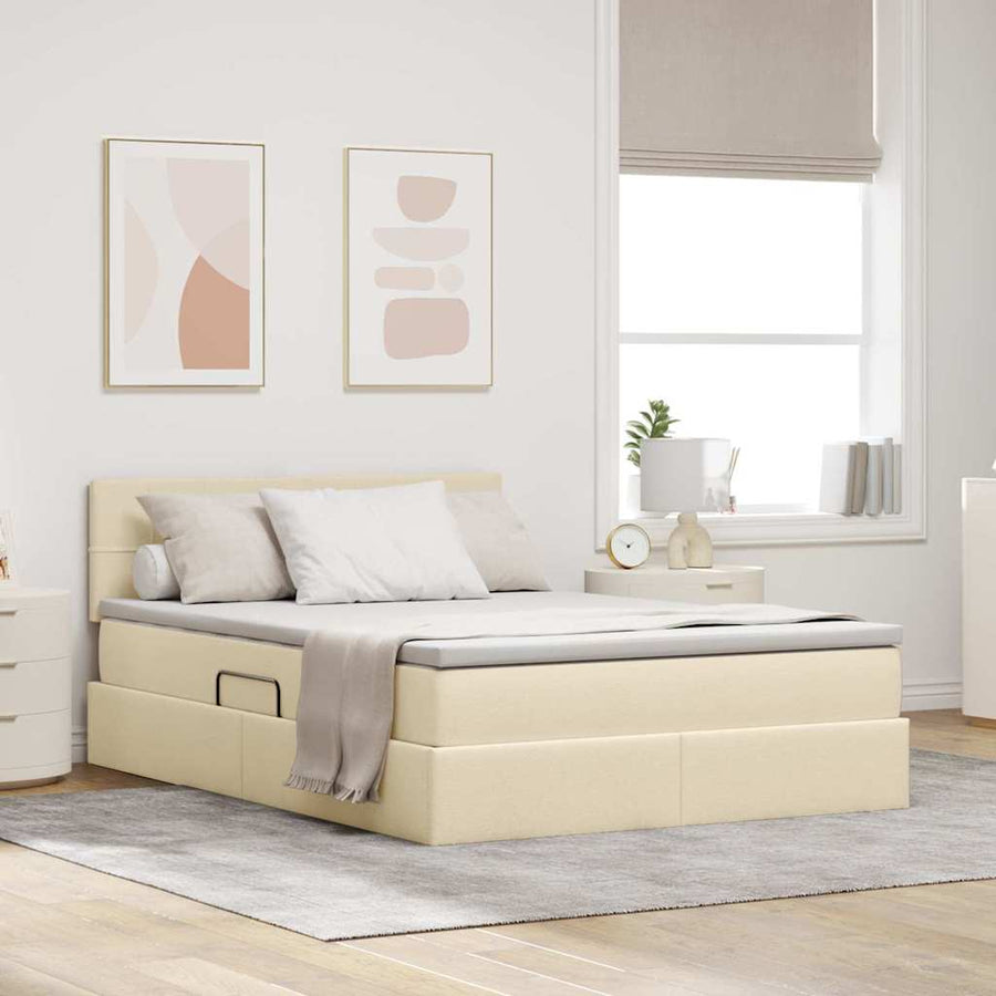 Bed met LED -striplichten met opslag Crème 140 x 200 cm Stof