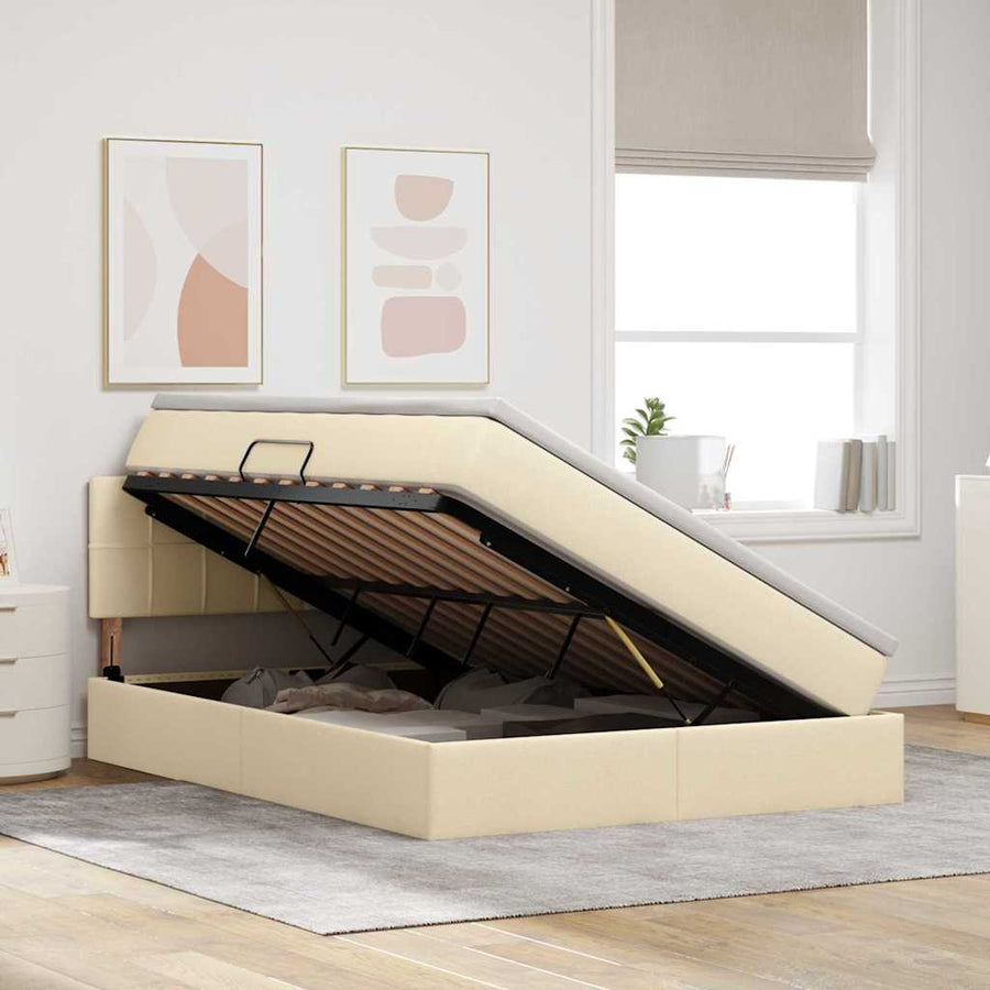 Bed met LED -striplichten met opslag Crème 140 x 200 cm Stof