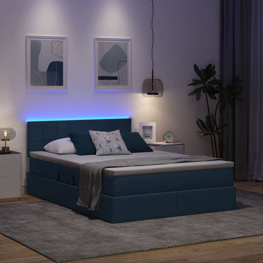 Bed met LED -striplichten met opslag Blauw 140 x 200 cm Stof
